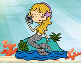 Dibujo Sirena sentada en una roca con una caracola pintado por iancito