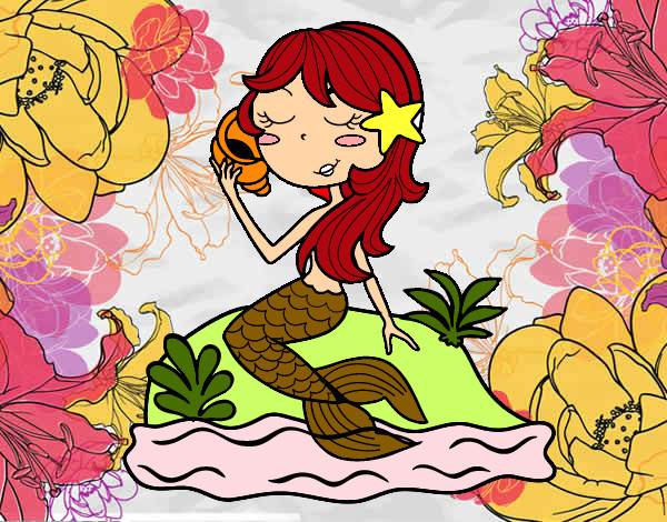 Sirena sentada en una roca con una caracola