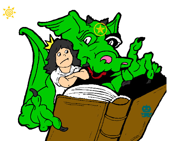 Dibujo Dragón, chica y libro pintado por esamuelag