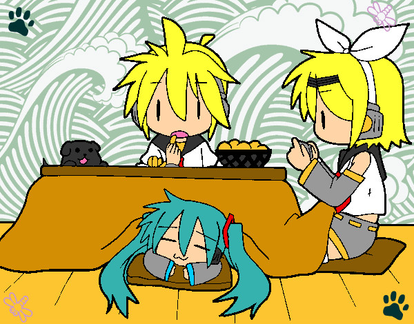 Dibujo Miku, Rin y Len desayunando pintado por kurumi123