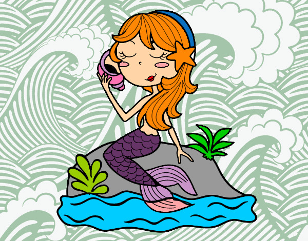 Dibujo Sirena sentada en una roca con una caracola pintado por nancie