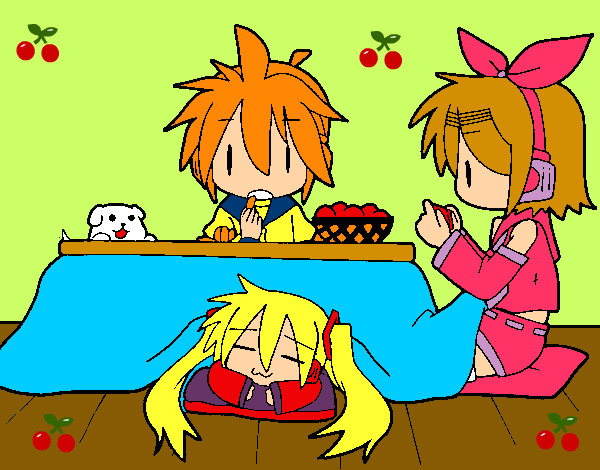 Dibujo Miku, Rin y Len desayunando pintado por mar231002