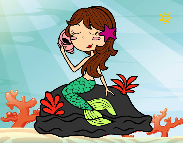 Dibujo Sirena sentada en una roca con una caracola pintado por mimt
