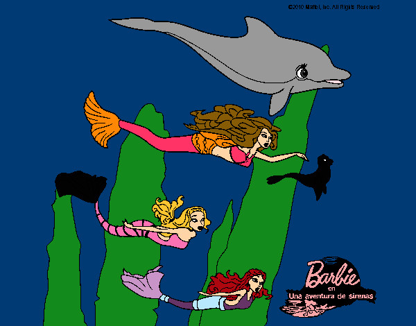 Dibujo Barbie nadando con sirenas pintado por elisan