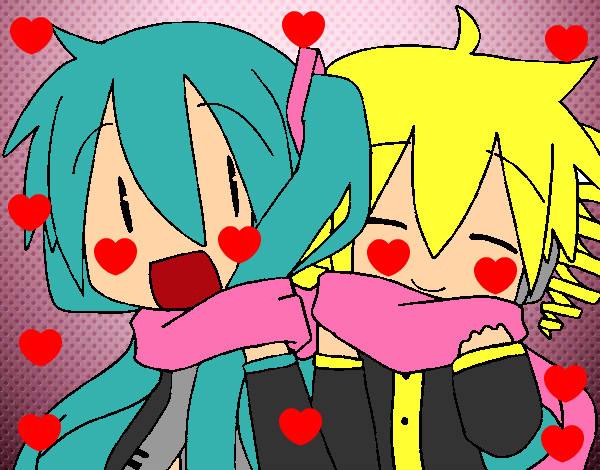 Dibujo Miku y Len con bufanda pintado por Animelove 