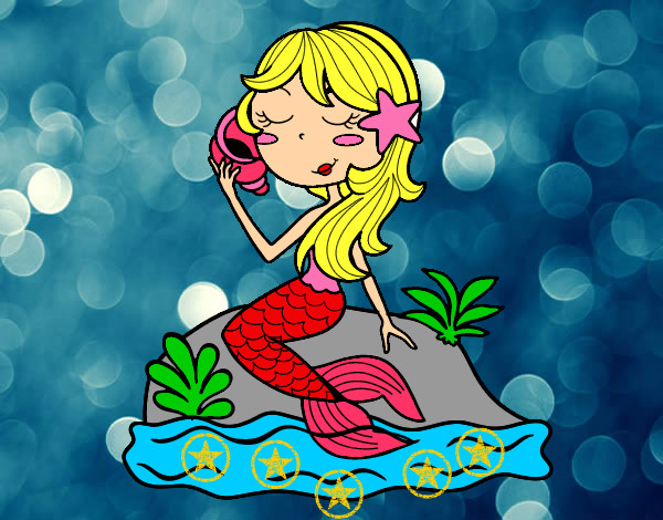 Dibujo Sirena sentada en una roca con una caracola pintado por Lineth 