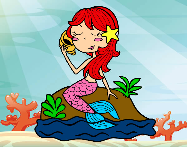 Dibujo Sirena sentada en una roca con una caracola pintado por susacoli