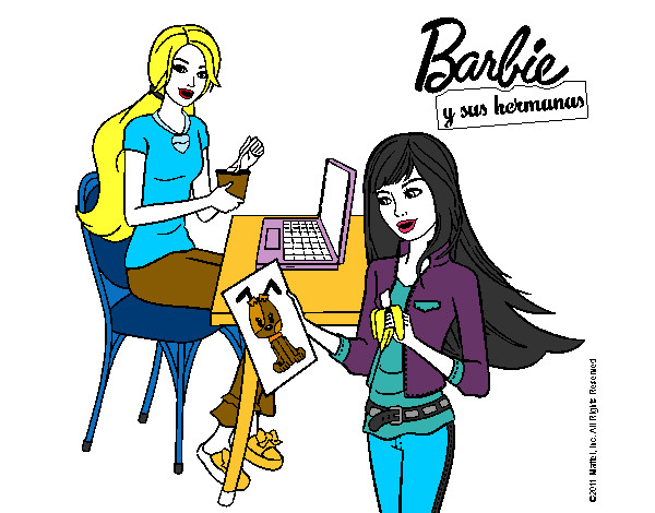Dibujo Barbie y su hermana merendando pintado por toyito