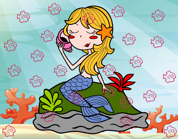 Dibujo Sirena sentada en una roca con una caracola pintado por agus16san5