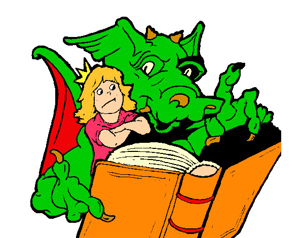 Dibujo Dragón, chica y libro pintado por juliannna
