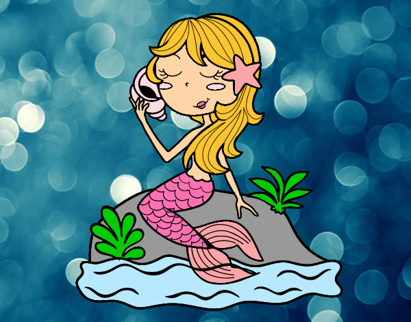 Dibujo Sirena sentada en una roca con una caracola pintado por maylop