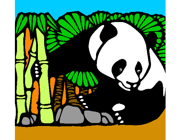 Dibujo Oso panda y bambú pintado por sufrit
