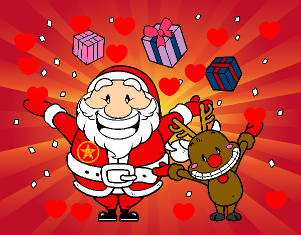 Dibujo Santa y reno con regalos pintado por legnita