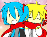Dibujo Miku y Len con bufanda pintado por Mikuarts