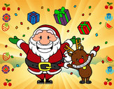 Dibujo Santa y reno con regalos pintado por cangrejo34