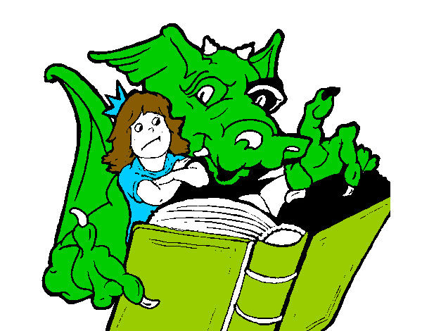 Dibujo Dragón, chica y libro pintado por emmaoriana