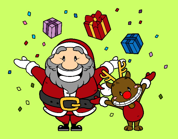 Dibujo Santa y reno con regalos pintado por yulianny