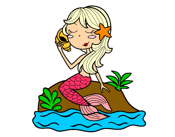 Dibujo Sirena sentada en una roca con una caracola pintado por mairta 