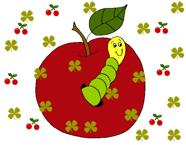 Dibujo Manzana con gusano pintado por florecitar