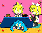 Dibujo Miku, Rin y Len desayunando pintado por MisheruYT