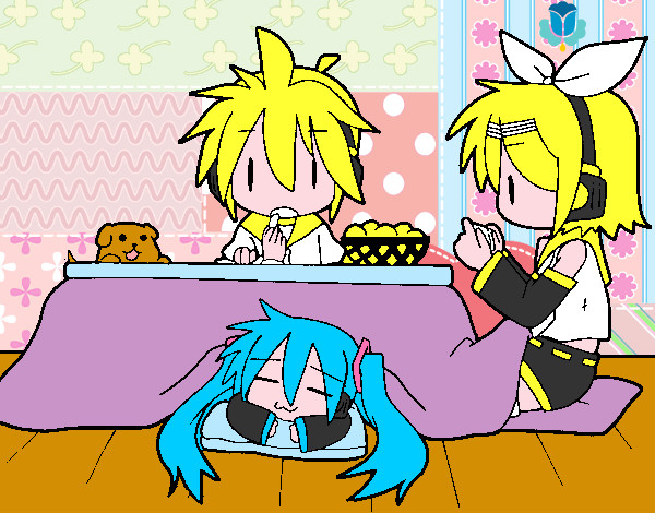 Dibujo Miku, Rin y Len desayunando pintado por Danna38