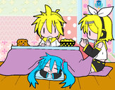 Dibujo Miku, Rin y Len desayunando pintado por Danna38