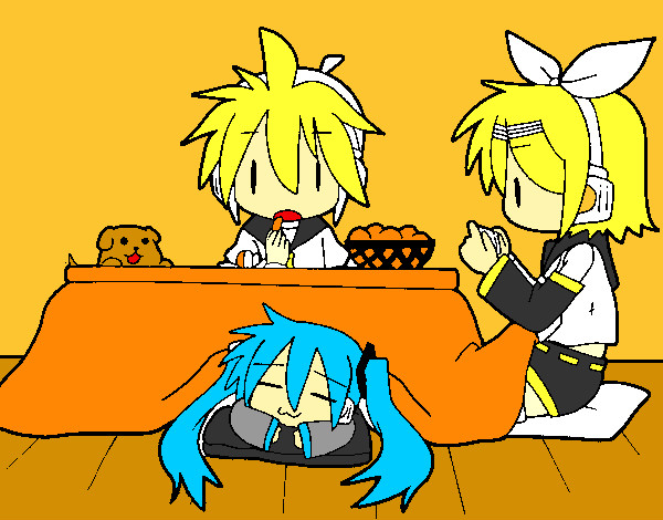 Dibujo Miku, Rin y Len desayunando pintado por Javikawaii