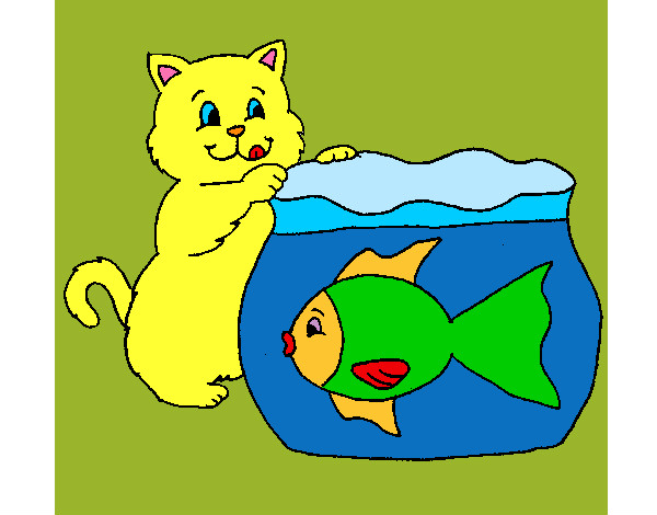 Dibujo Gato y pez pintado por alex1111
