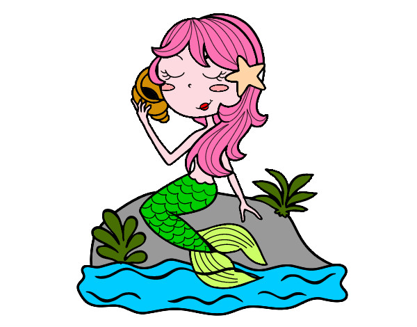 Dibujo Sirena sentada en una roca con una caracola pintado por marileny