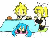 Dibujo Miku, Rin y Len desayunando pintado por fran14