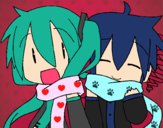 Dibujo Miku y Len con bufanda pintado por RubyHelena