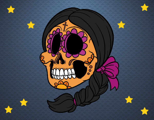 Dibujo Calavera mejicana con trenza pintado por LunaLunita