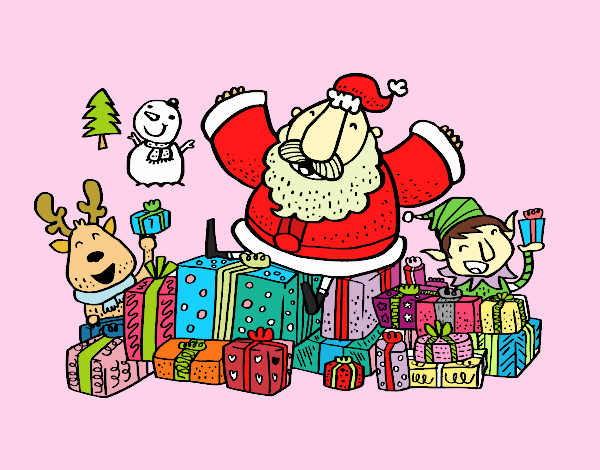 Dibujo Papá Noel con regalos y alegría pintado por asas