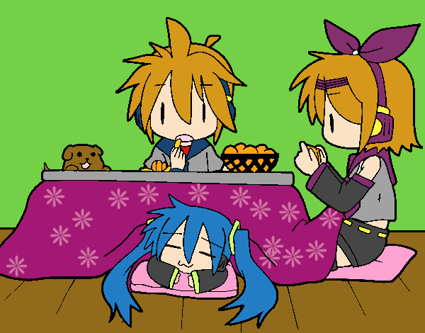 Dibujo Miku, Rin y Len desayunando pintado por Hiyori02