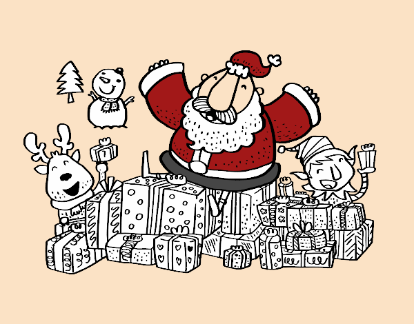 Dibujo Papá Noel con regalos y alegría pintado por Jorgelina7