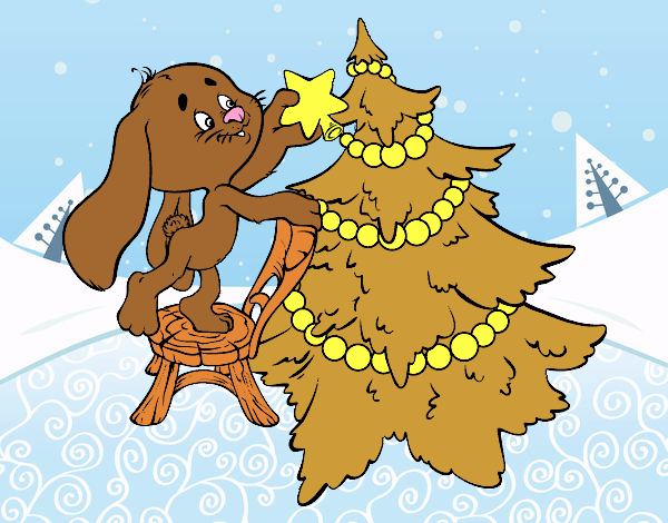 Dibujo Conejo decorando el árbol de navidad pintado por DEMIAN4