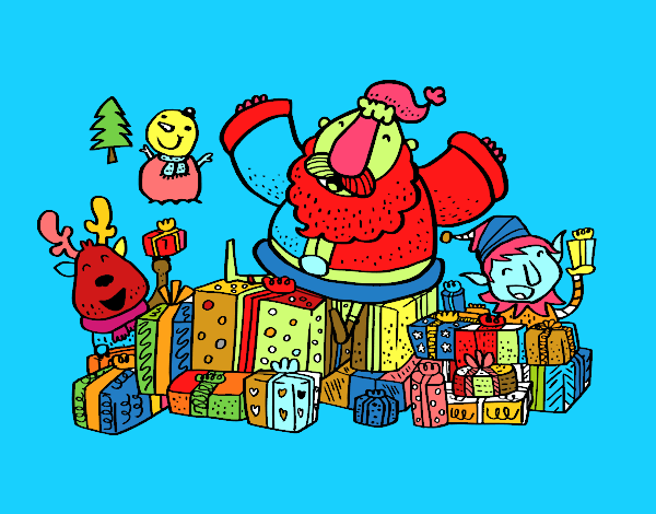 Dibujo Papá Noel con regalos y alegría pintado por stocn