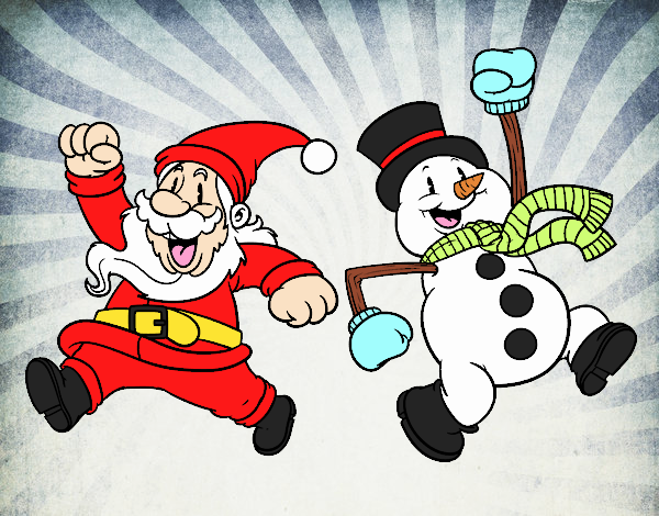Santa Claus y muñeco de nieve saltando
