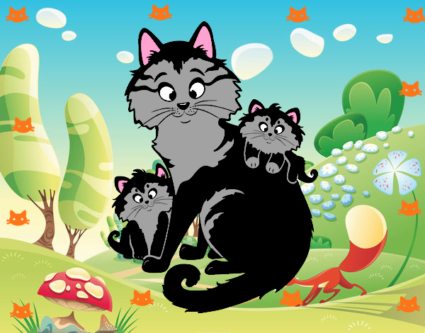 Dibujo Mamá gata y gatitos pintado por amix