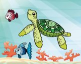 Dibujo Tortuga de mar con peces pintado por diorjailis
