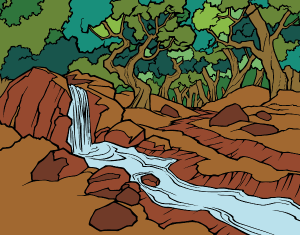 Dibujo Paisaje de bosque con un río pintado por Pillina
