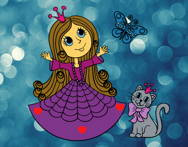 Dibujo Princesa con gato y mariposa pintado por amby