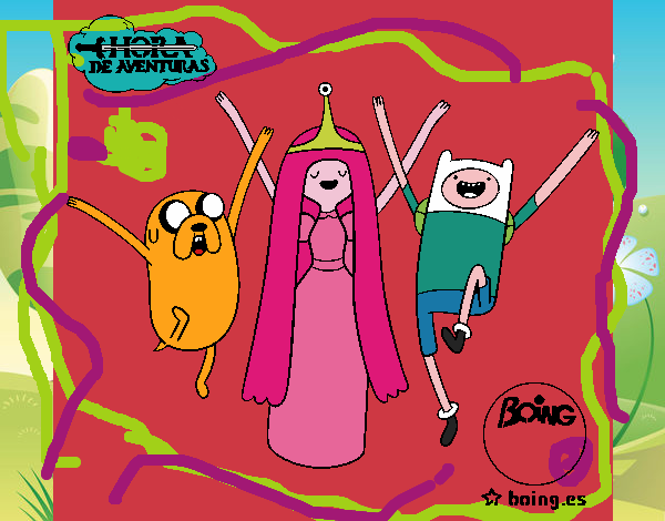 Dibujo Jake, Princesa Chicle y Finn pintado por gatigamer8