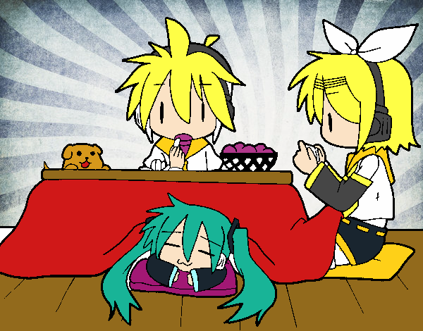 Dibujo Miku, Rin y Len desayunando pintado por Kaito-Kun