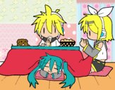 Dibujo Miku, Rin y Len desayunando pintado por kasaneblue