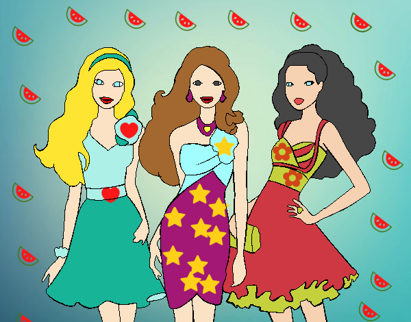 Dibujo Barbie y sus amigas vestidas de fiesta pintado por miceldari