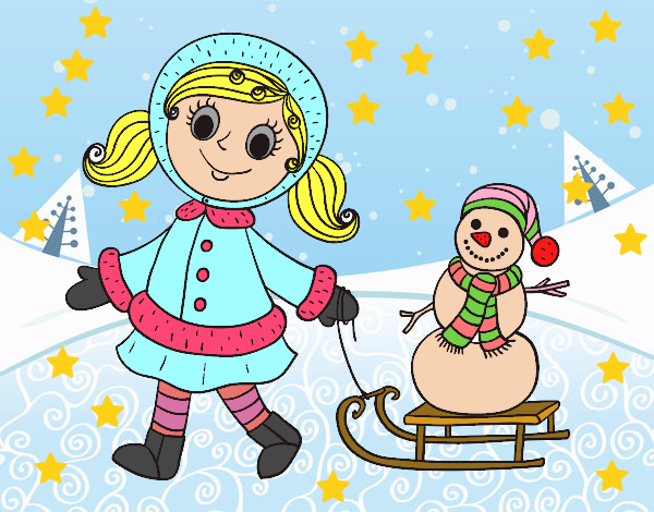 Dibujo Niña con trineo y muñeco de nieve pintado por miceldari