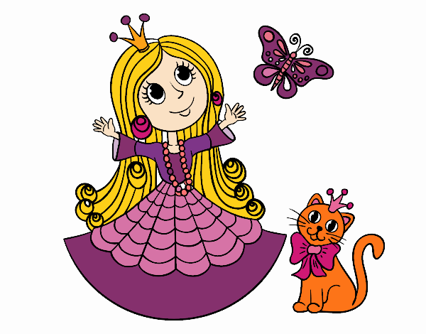 Dibujo Princesa con gato y mariposa pintado por yalle