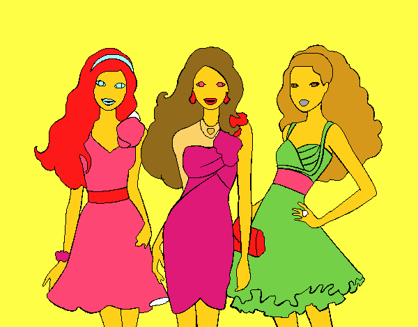 Dibujo Barbie y sus amigas vestidas de fiesta pintado por FELISITI