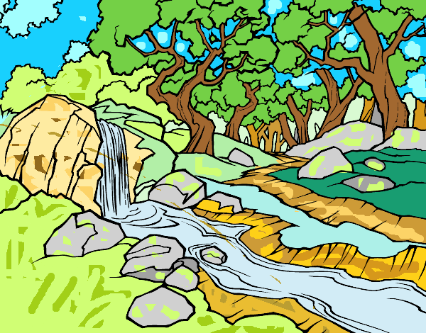Dibujo Paisaje de bosque con un río pintado por mucho